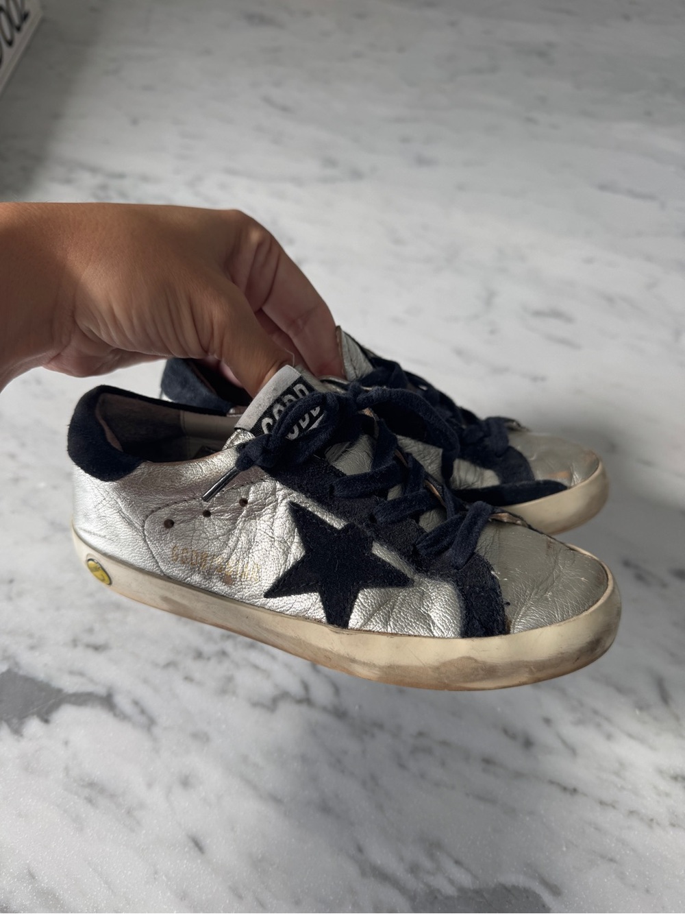 Golden Goose Super Star Metallic Silver Low-Top Lace-Up Sneakers Black Accent